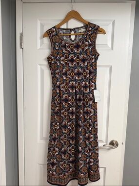 Max Studio Sleeveless Midi Dress in Navy, Rust, and Cream Mosaic Print Sz Small